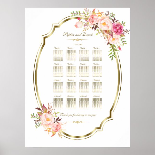 Luxury Pink Blush Floral Gold Frame Seating Chart (Front)