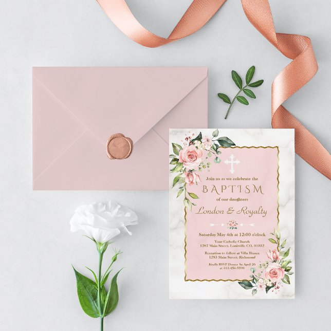 Luxury Pink Blush Flowers Gold Marble Girl Baptism Invitation (Creator Uploaded)