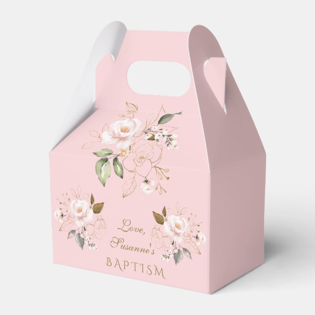 Luxury Pink Blush Gold Floral Girl Baptism Favor Box (Front Side)