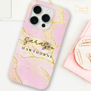 Luxury Pink Faux Gold Foil Monogram Brush Stroke iPhone 15 Pro Case