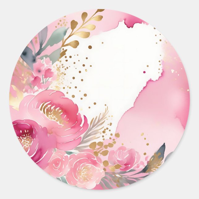 Luxury Pink Floral Gold Classic Round Sticker (Front)