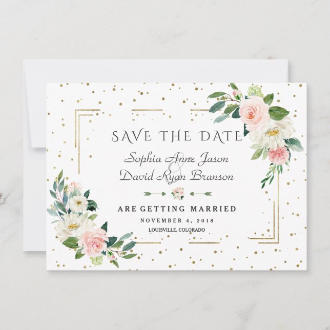 Luxury Pink Flowers Gold Frame Confetti Wedding Save The Date (Front)