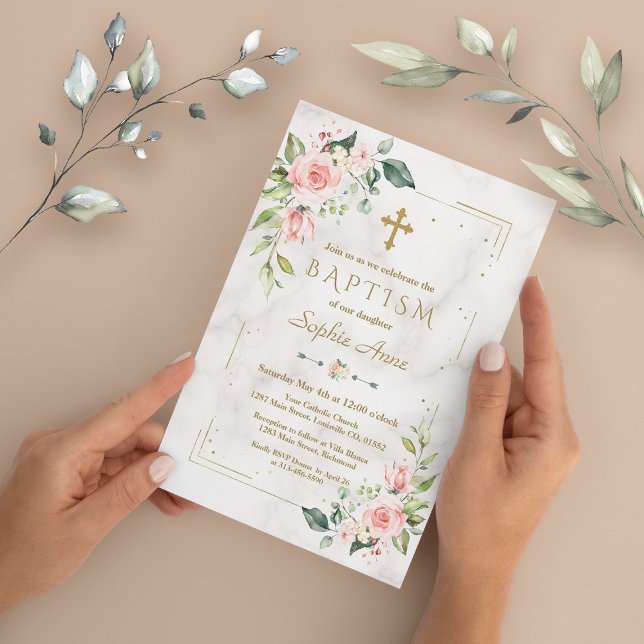 Luxury  Pink Flowers Gold Glitter Marble Baptism Invitation (Creator Uploaded)