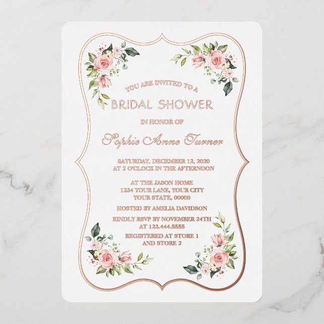 Luxury Pink Flowers Rose Gold Frame Bridal Shower  (Front)