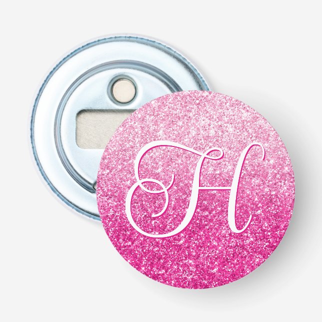 Luxury Pink Glitter Gradient Monogram Bottle Opener (Front)