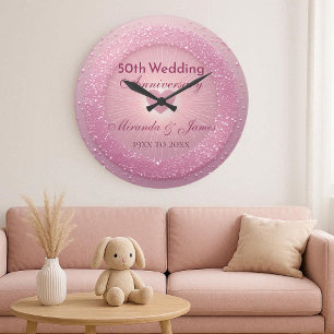 Luxury Pink Glitter Heart 50th Wedding Anniversary Large Clock