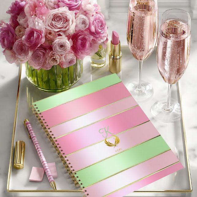 Luxury Pink & Green Striped  Notebook (Pretty Posh Pastel Monogrammed Pink and Green Notebook/Glossy Softcover (shown)Matte Hardcover )