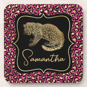 Luxury Pink Leopard Print Gold Animal Monogram Coaster