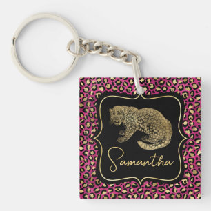 Luxury Pink Leopard Print Gold Animal Monogram Keychain