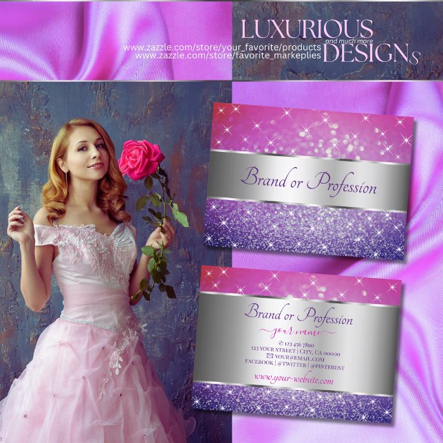 Luxury Pink Purple Glitter Stars Decorative Silver Business Card (Creator Uploaded)
