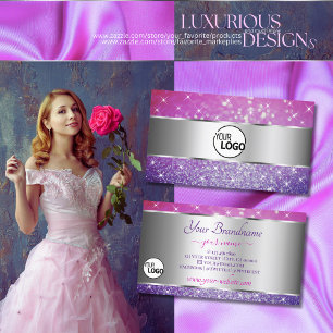 Luxury Pink Purple Glitter Stars Logo Silver Decor Business Card