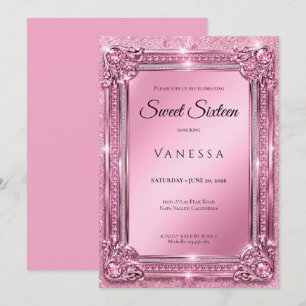 Luxury Pink Rhinestones Glitter Sweet 16 Invitation