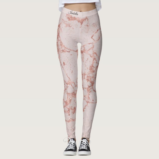 Luxury Pink Rose Blush Glitter Marble Add Text Leggings (Front)