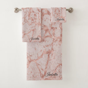 Luxury Pink Rose Blush Glitter Marble Customize Bath Towel Set
