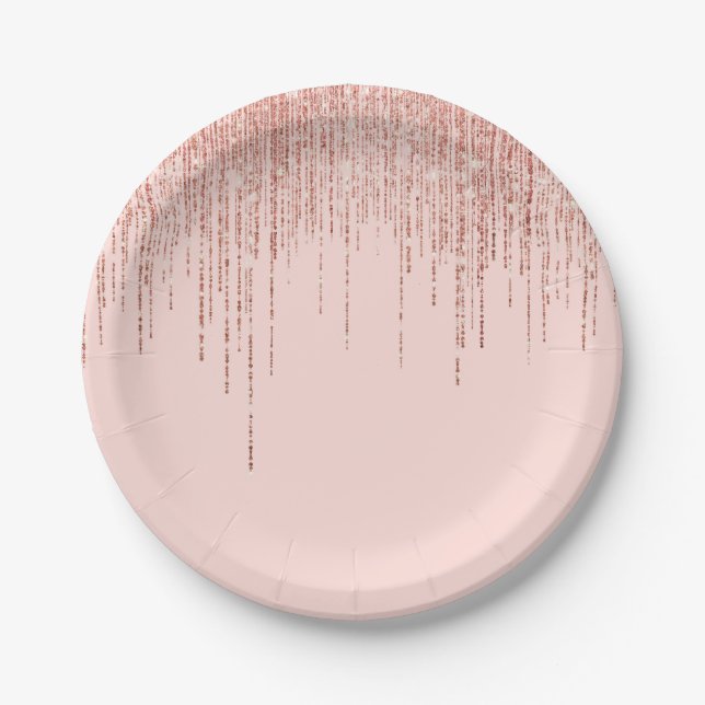 Luxury Pink Rose Gold Sparkly Glitter Fringe Paper Plate (Front)