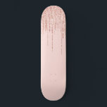 Luxury Pink Rose Gold Sparkly Glitter Fringe Skateboard<br><div class="desc">This glamorous and luxury print is the perfect design for the stylish and trendy woman. It features a faux sparkly rose gold glitter fringe curtain with faux glitter typography on top of a simple blush pink background. It's an elegant, chic, trendy, and modern bling design with a Hollywood vibe! ***IMPORTANT...</div>