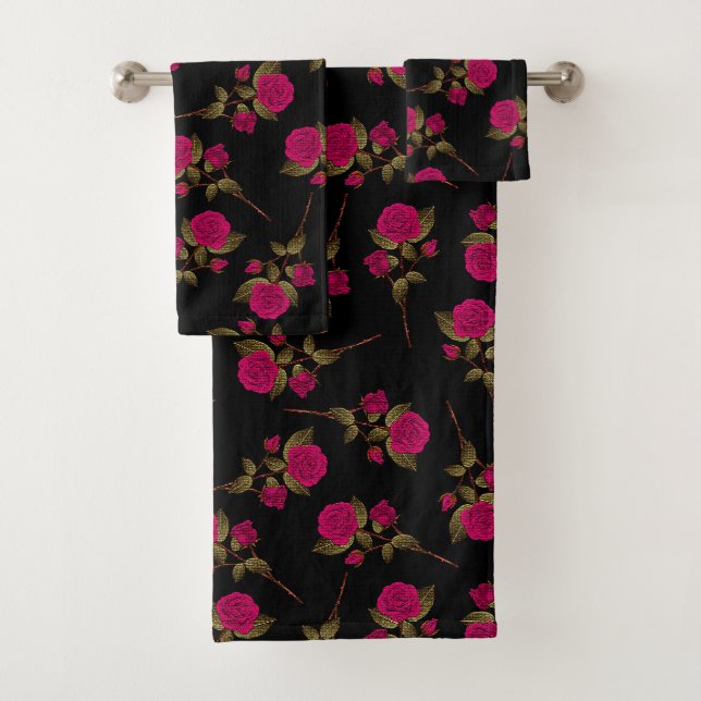 Luxury Pink Rose Popular Floral Bath Towel Set (Insitu)