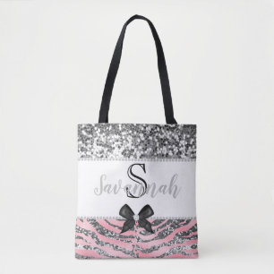Luxury Pink Rose Silver Glitter Personalized Tote Bag