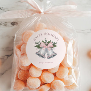 Luxury Pink & Silver Glitter Jingle Bells Custom Classic Round Sticker