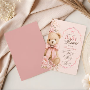 Luxury Pink Teddy Bear Bow Baby Shower Invitation