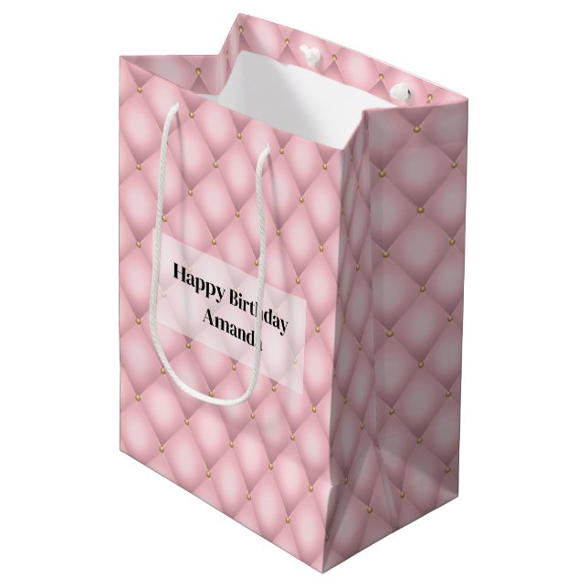 Luxury Pink Tufted Diamond Pattern Birthday Medium Gift Bag (Front Angled)