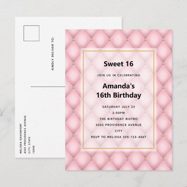 Luxury Pink Tufted Diamond Pattern Invitation Postcard (Front/Back)