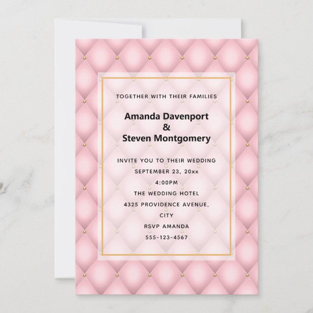 Luxury Pink Tufted Diamond Pattern Wedding Invitation (Front)