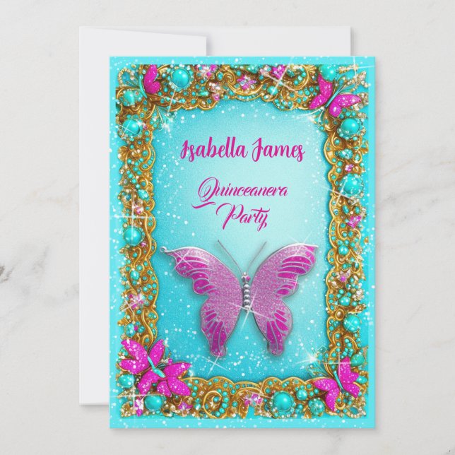luxury pink turquoise gold jewels glitter fancy invitation (Front)