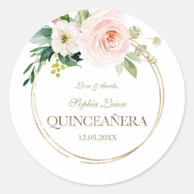 Luxury Pink White Flowers Gold Quinceañera Classic Round Sticker (Front)
