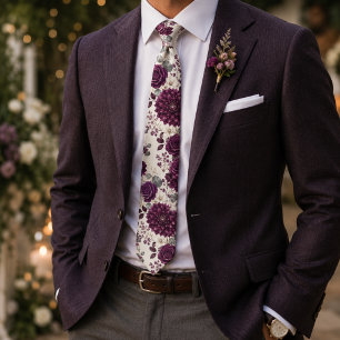 Luxury Plum Dahlia & Rose Floral Tie