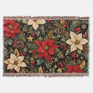 Luxury Poinsettia Christmas Floral Pattern Throw Blanket