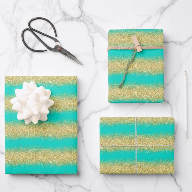 Luxury Popular Gift Turquoise Gold Glitter Wrapping Paper Sheet (Front)