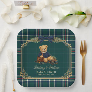 Luxury Preppy Teddy Bear Plaid Baby Shower Paper Plate