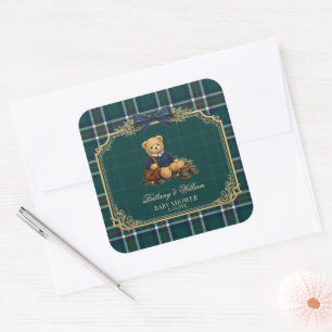 Luxury Preppy Teddy Bear Plaid Baby Shower Square Sticker