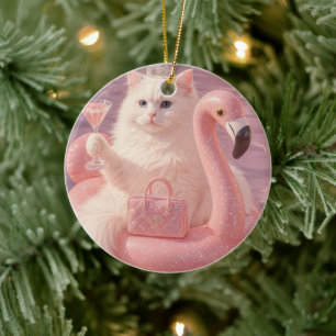 Luxury Princess Cat on Pink Flamingo Pool Float Ceramic Ornament