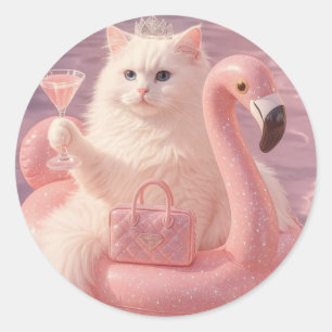 Luxury Princess Cat on Pink Flamingo Pool Float    Classic Round Sticker