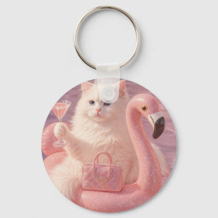 Luxury Princess Cat on Pink Flamingo Pool Float    Keychain
