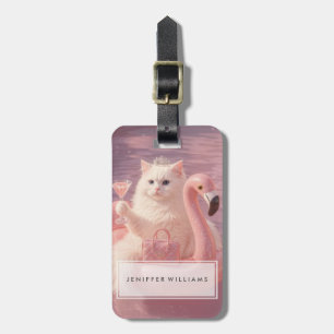 Luxury Princess Cat on Pink Flamingo Pool Float Luggage Tag