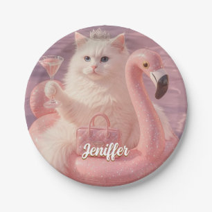 Luxury Princess Cat on Pink Flamingo Pool Float    Paper Plate