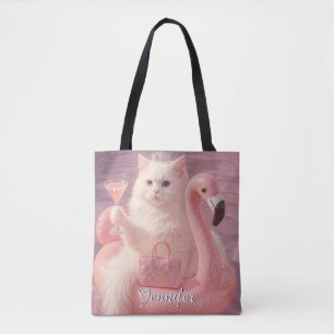 Luxury Princess Cat on Pink Flamingo Pool Float Tote Bag