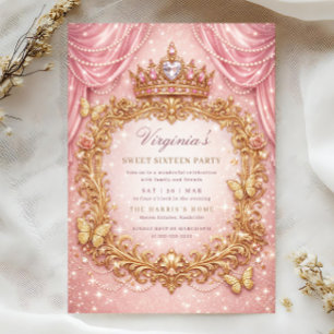 Luxury Princess Crown Pink Gold Sweet 16 Birthday Invitation