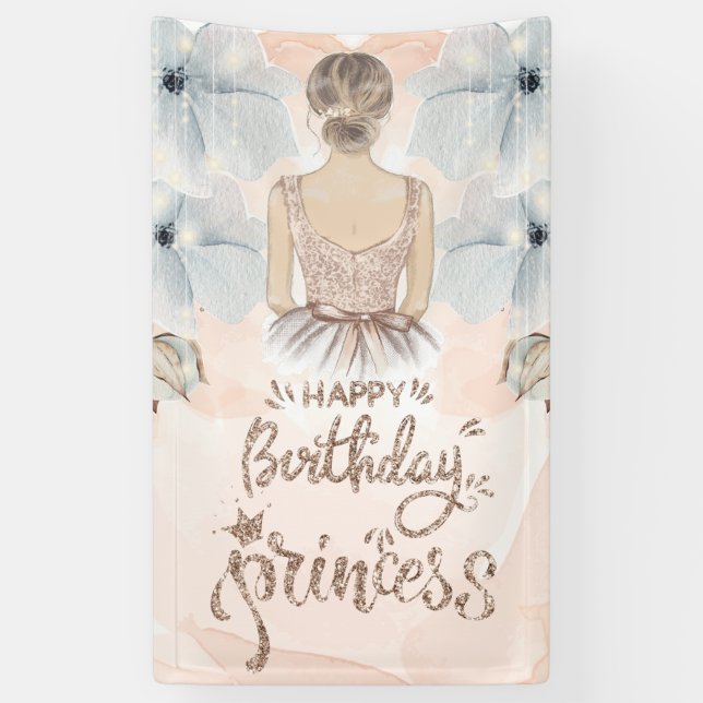 Luxury Princess Happy Birthday  Beige glitter Banner (Vertical)