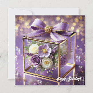Luxury purple glass floral gift gold chiffon bow holiday card