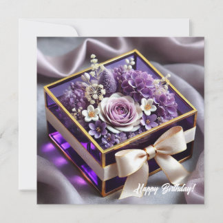 Luxury purple glass floral gift gold chiffon bow holiday card