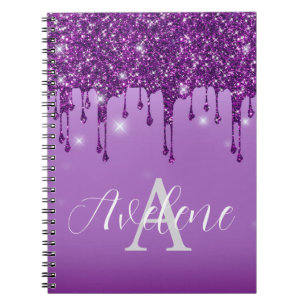 Luxury Purple Glitter Drips Monogram Notebook