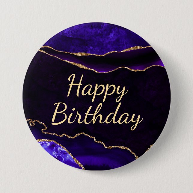 Luxury Purple Gold Glitter Agate Happy Birthday 3 Inch Round Button (Front)