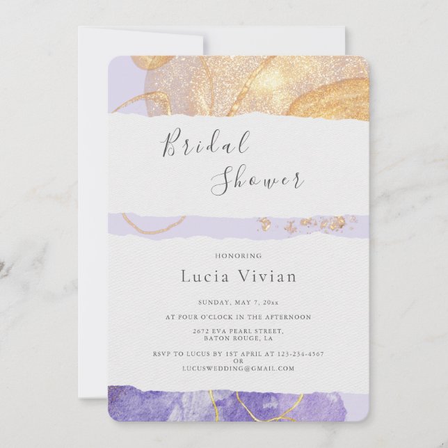 Luxury Purple & Golden Abstract Bridal Shower Invitation (Front)