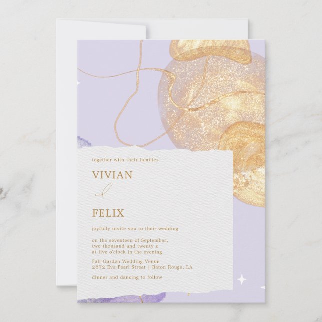 Luxury Purple & Golden Abstract Wedding Invitation (Front)
