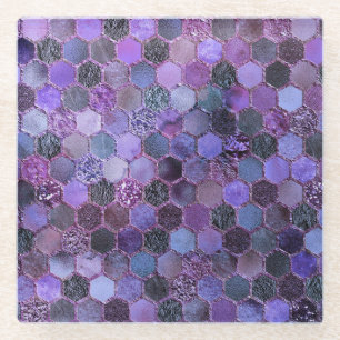 Luxury Purple Metal Foil Glitter honeycomb pattern Glass Coaster