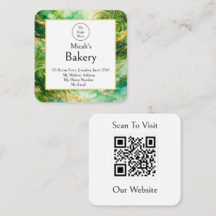 Luxury QR Code Bakery Green Gold Watercolor Square Business Card